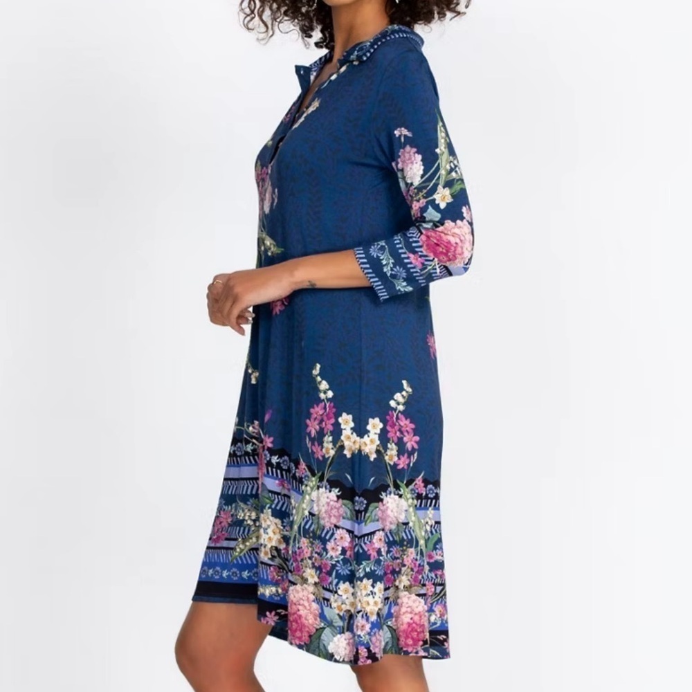 EUC Johnny Was Willowa Polo Tunic Dress Blue Floral Small Retail $180.00